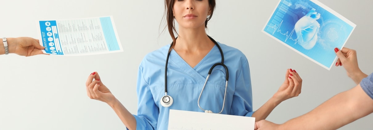 Female nurse meditating and staying calm