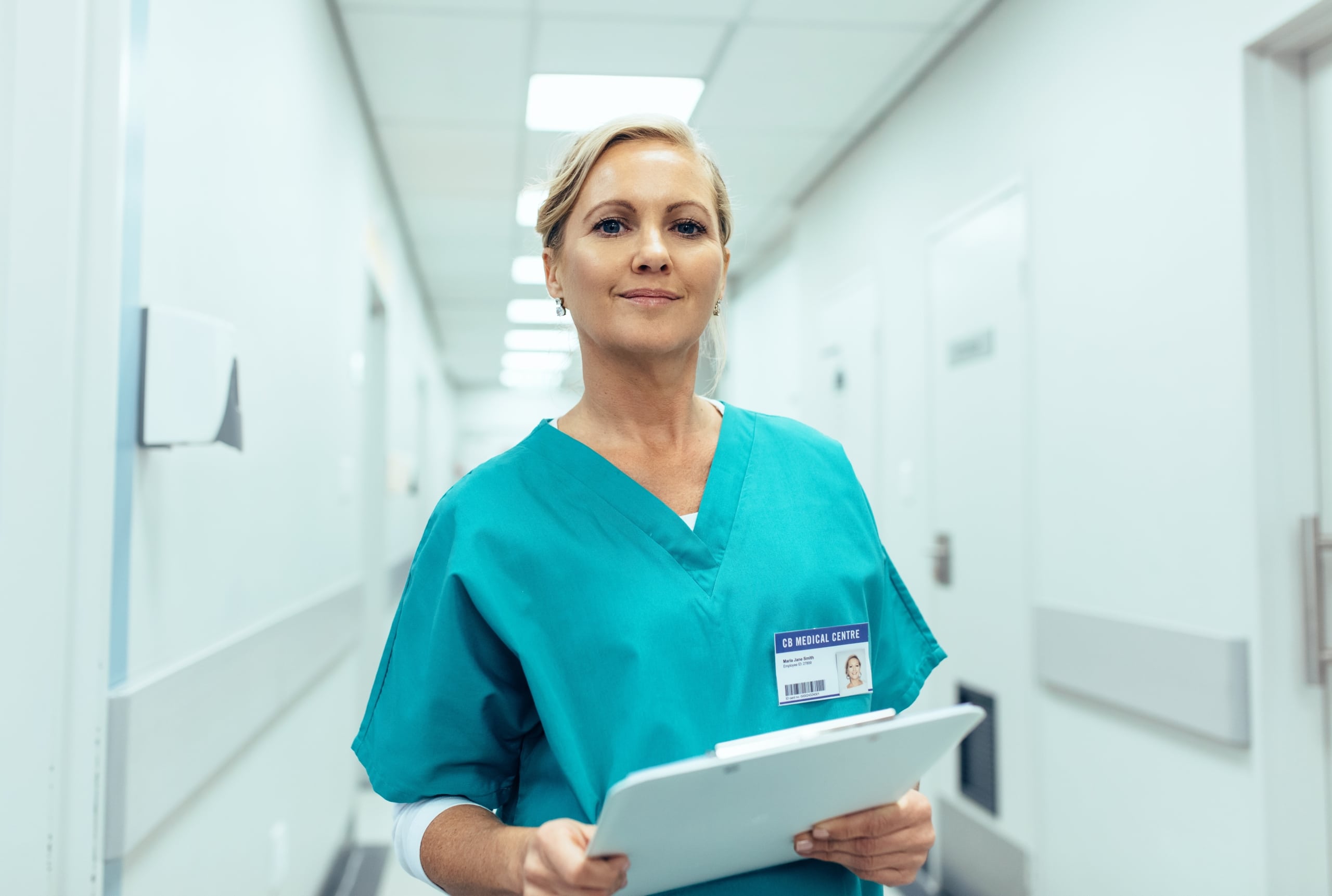 Mature female nurse in a hospital hallway