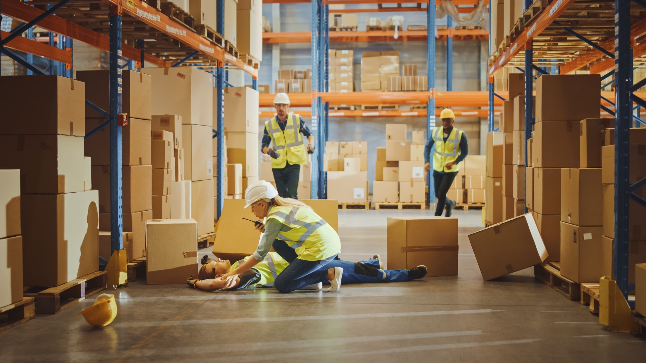 Injured warehouse worker on the floor