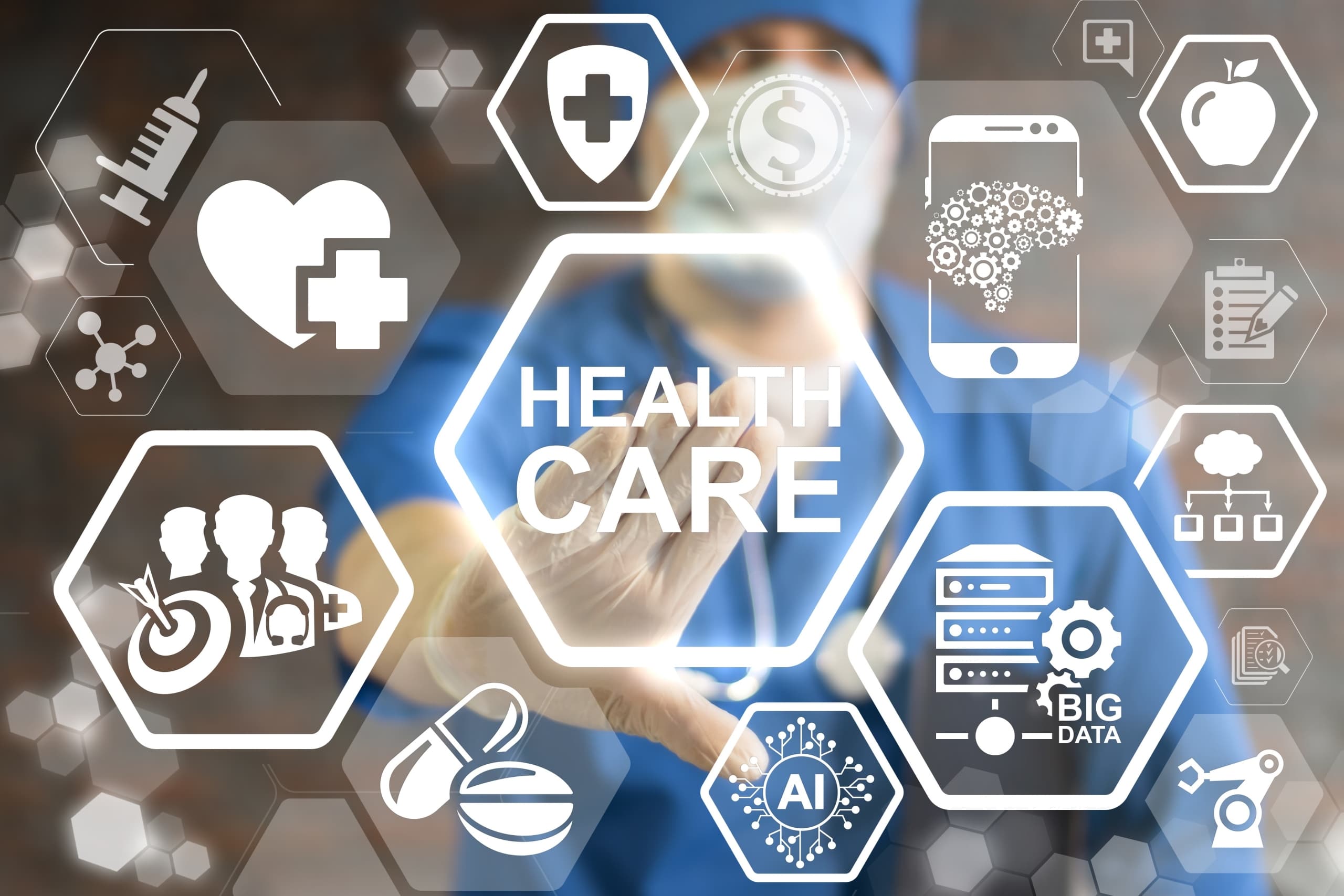 Healthcare symbols in front of a blurred medical professional