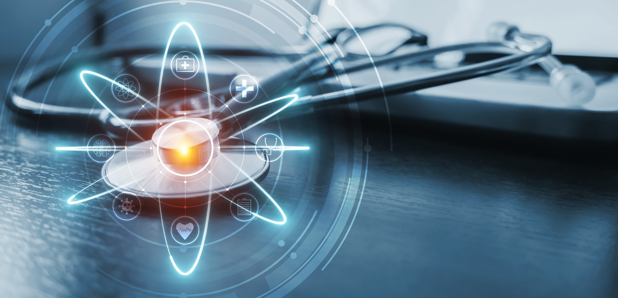 Close up of a stethoscope with virtual healthcare symbols