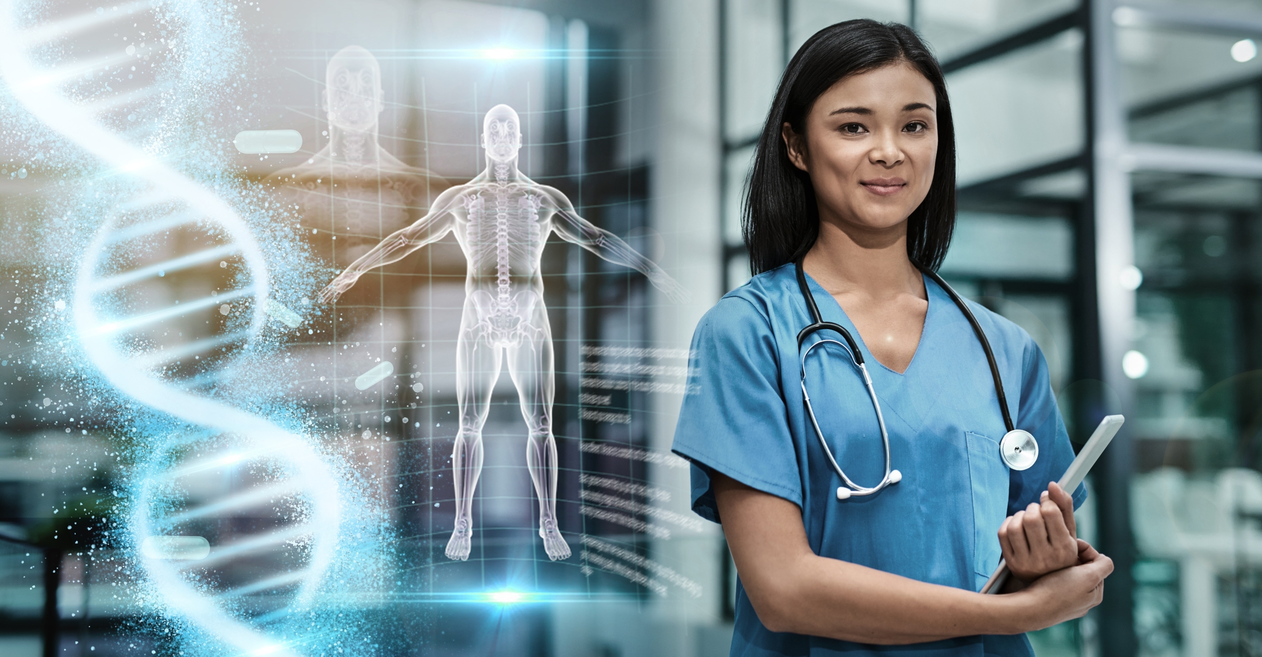 Asian nurse standing beside AI visuals
