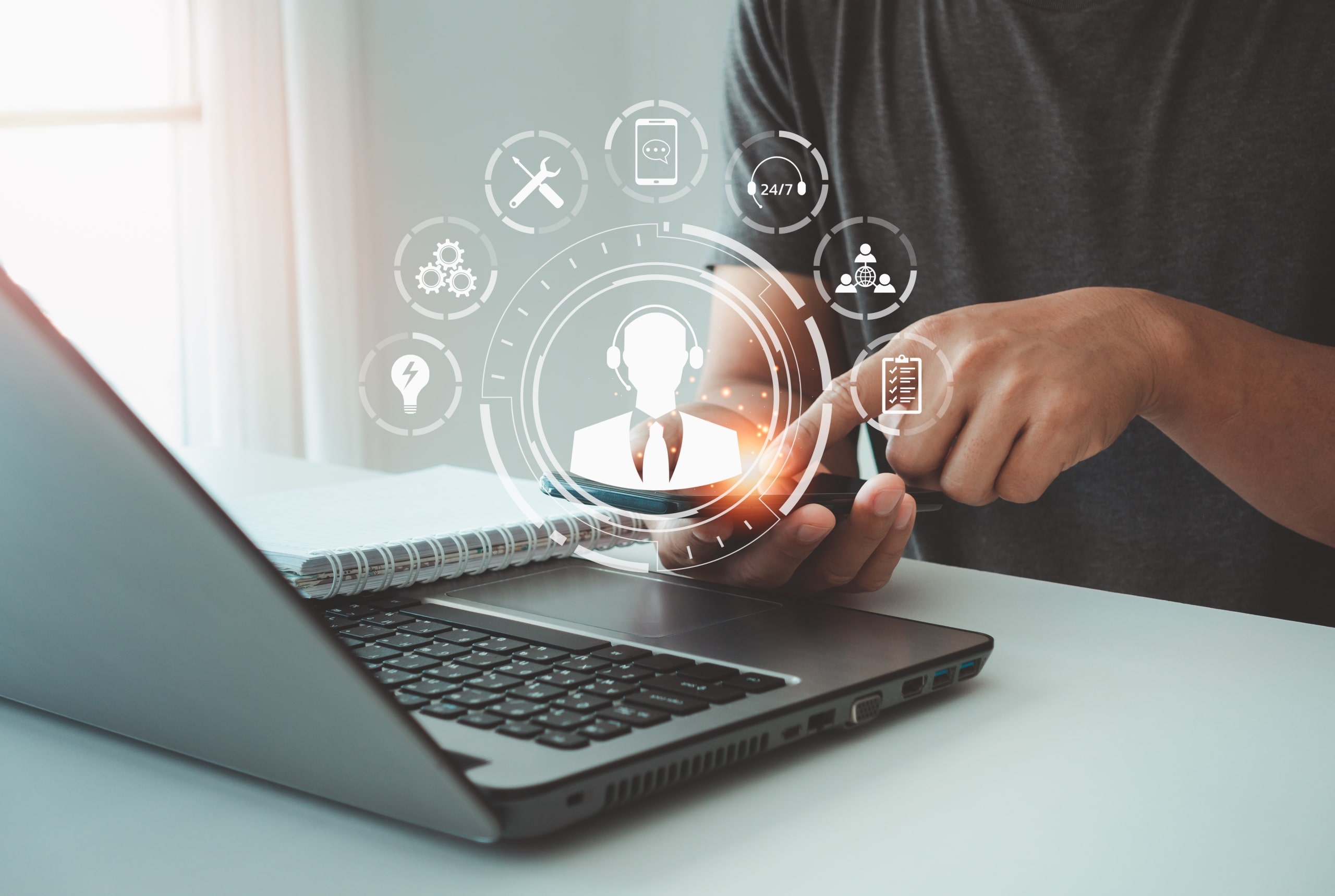 Close up of a man using his phone behind virtual networking symbols