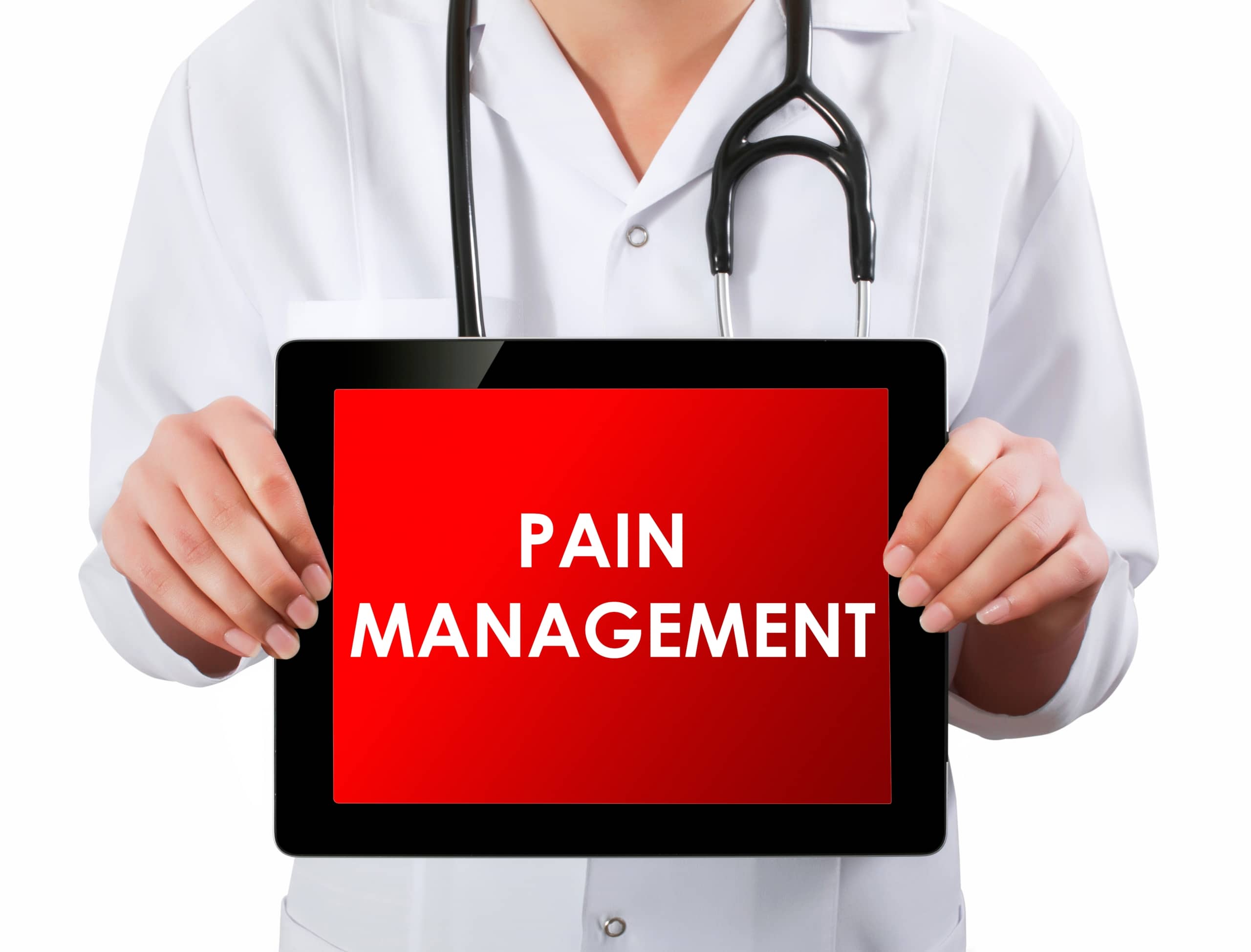 Close up of a medical professional holding a sign that says pain management