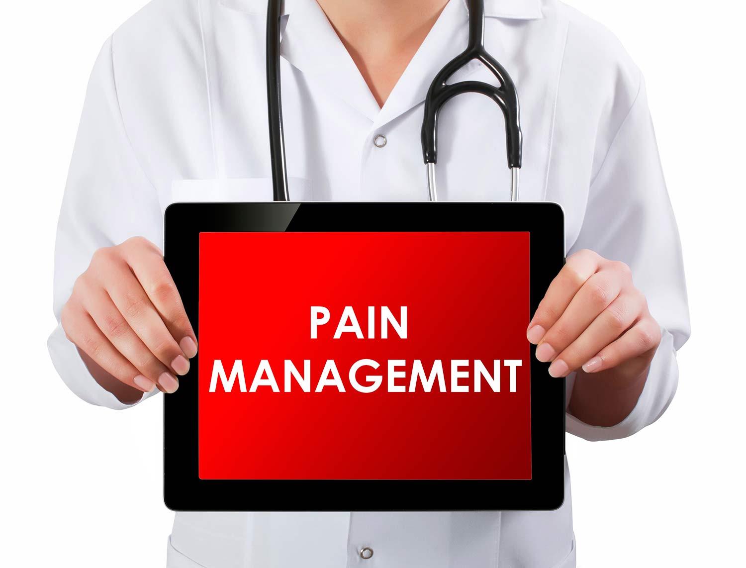 Medical professional holding a tablet that says pain management